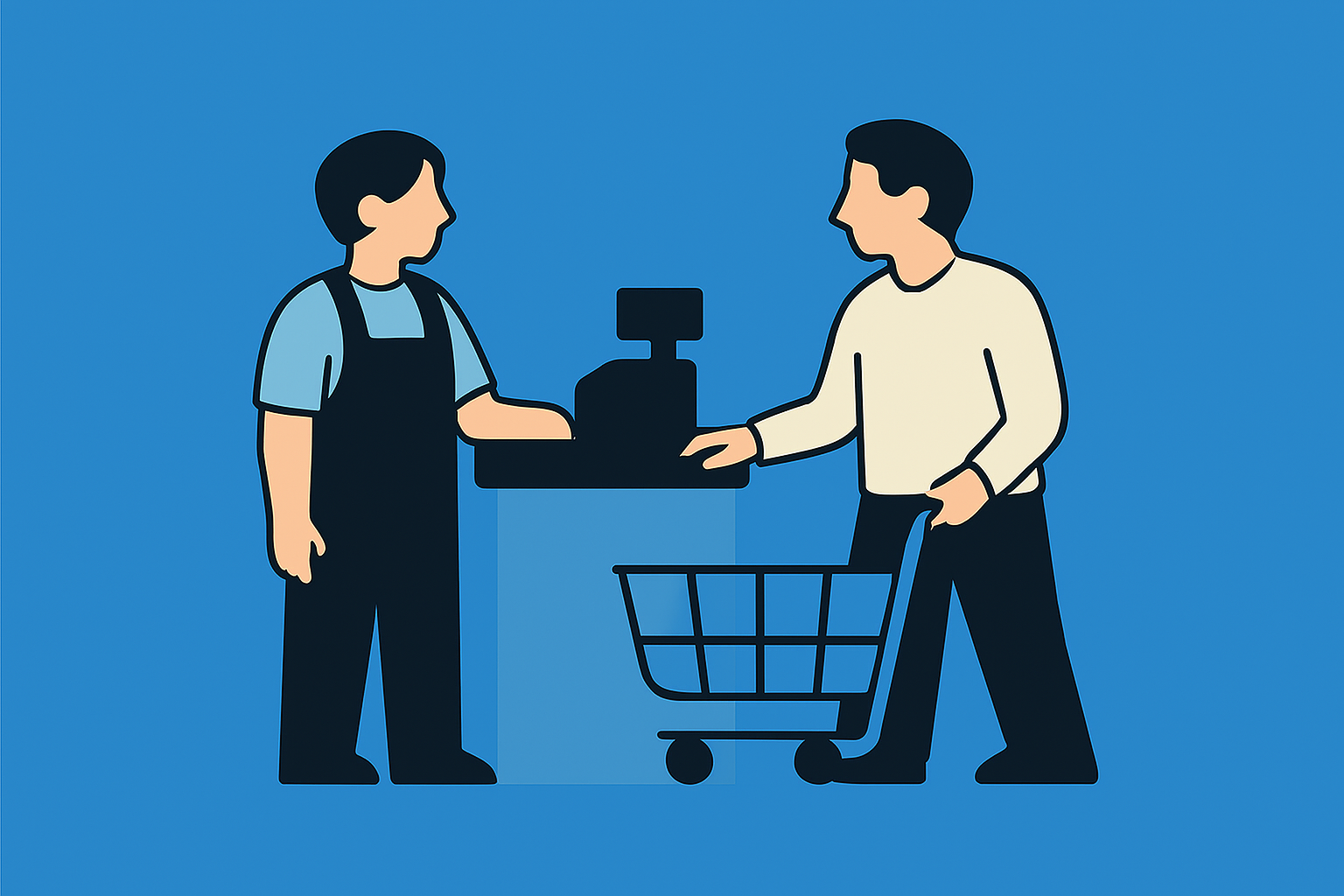 Two people at a store checkout